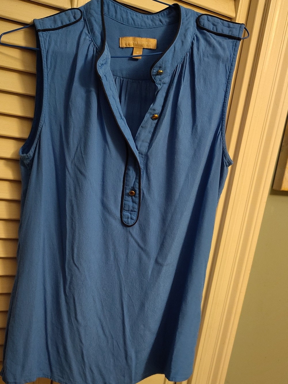 Banana Republic Blue Sleeveless Henley Tank with Contrast Trim